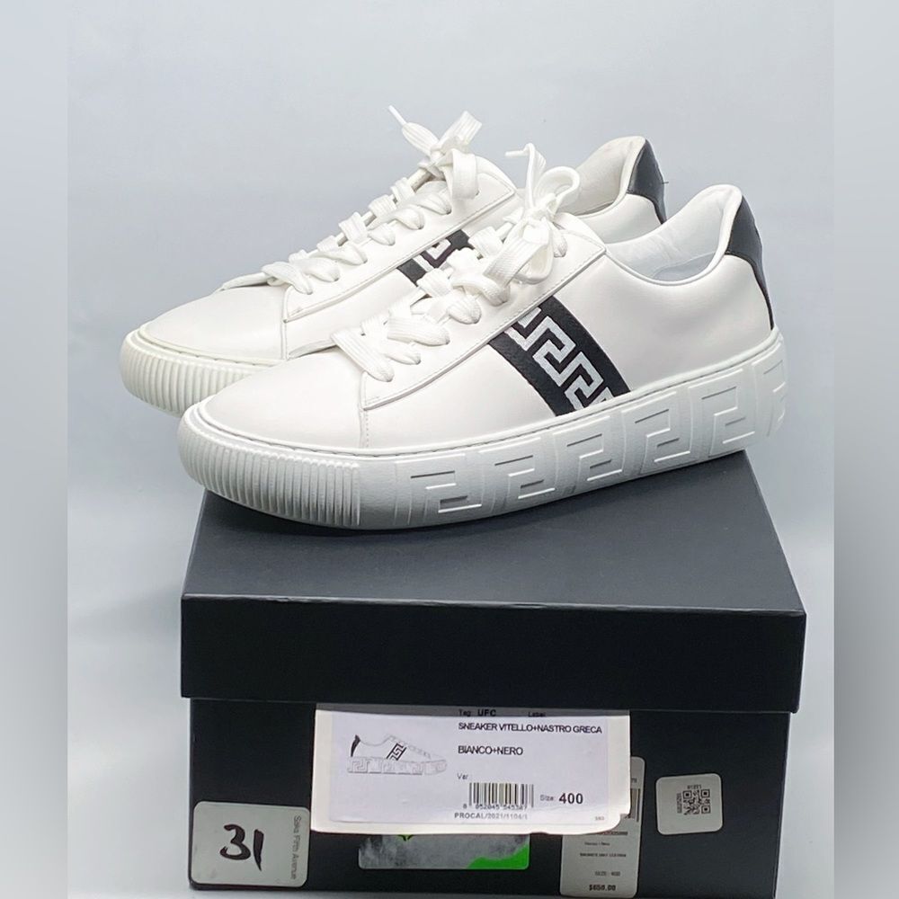 Versace La Greca Ribbon-Trim Leather Sneakers size 40 - Picture 11 of 13